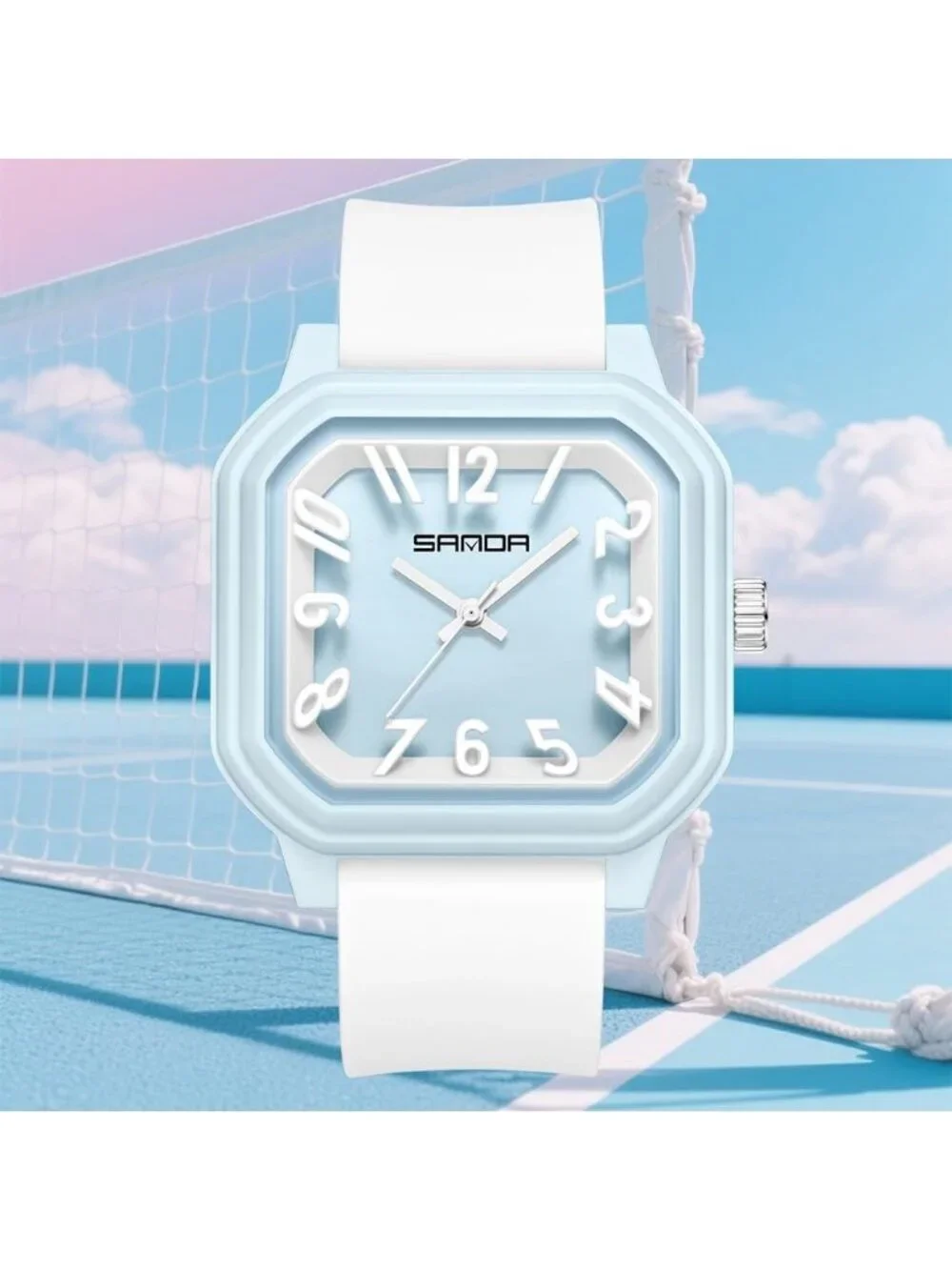 Women’s Blue White Big Arabic Numbers Silicone Strap Analog Square Wrist Watch